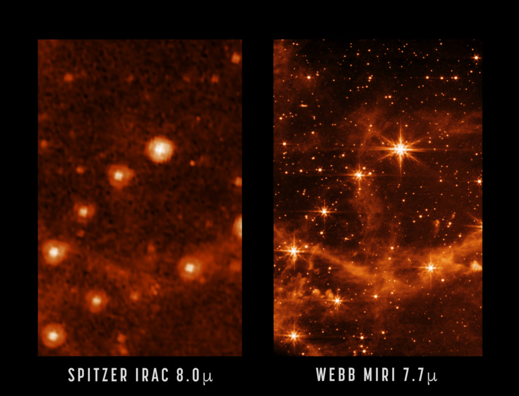 Comparaison entre 2 télescopes spatiaux : le Spitzer et le Webb.