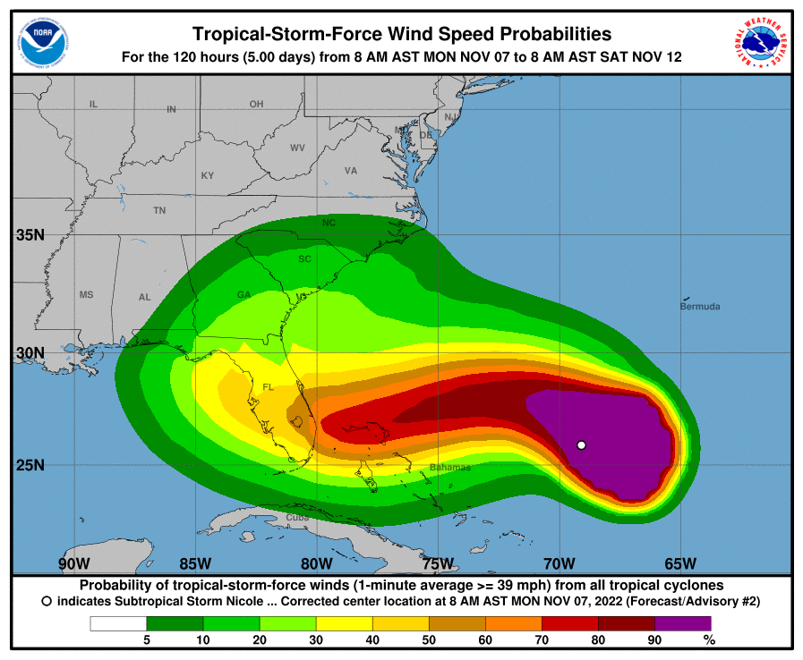 La carte météo du trajet de la tempête Nicole (crédit NOAA)